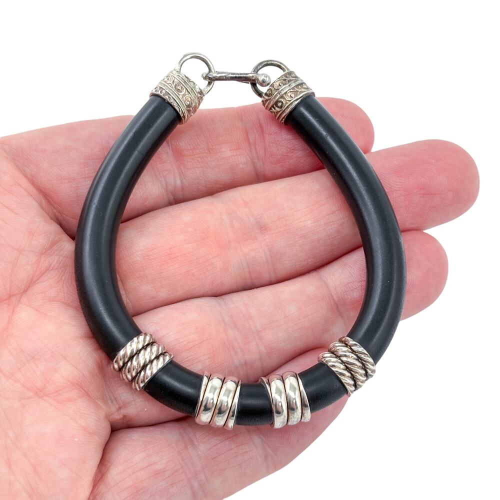 Vintage Sterling Silver 925 Black Rubber Bracelet 7.5"